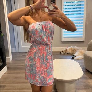 Strapless Pink and Blue Floral Dress